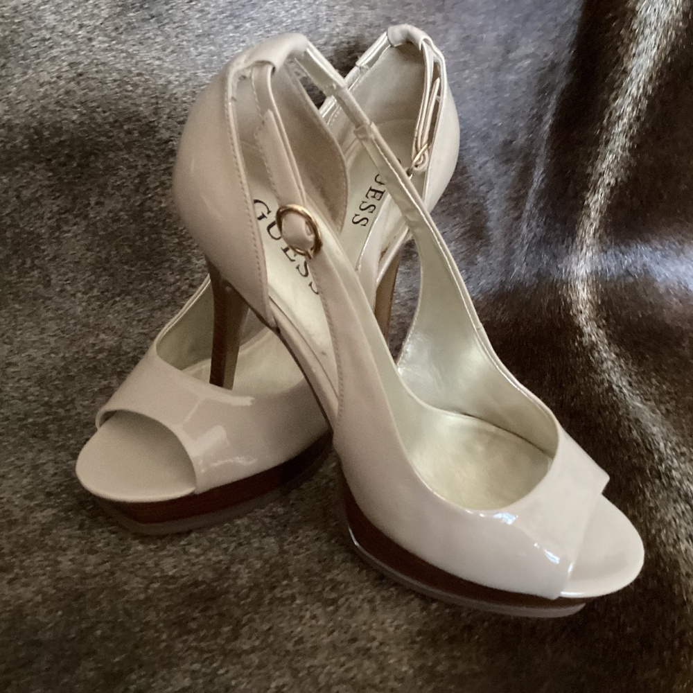 Guess Taupe Shiny Slight Platform Heels